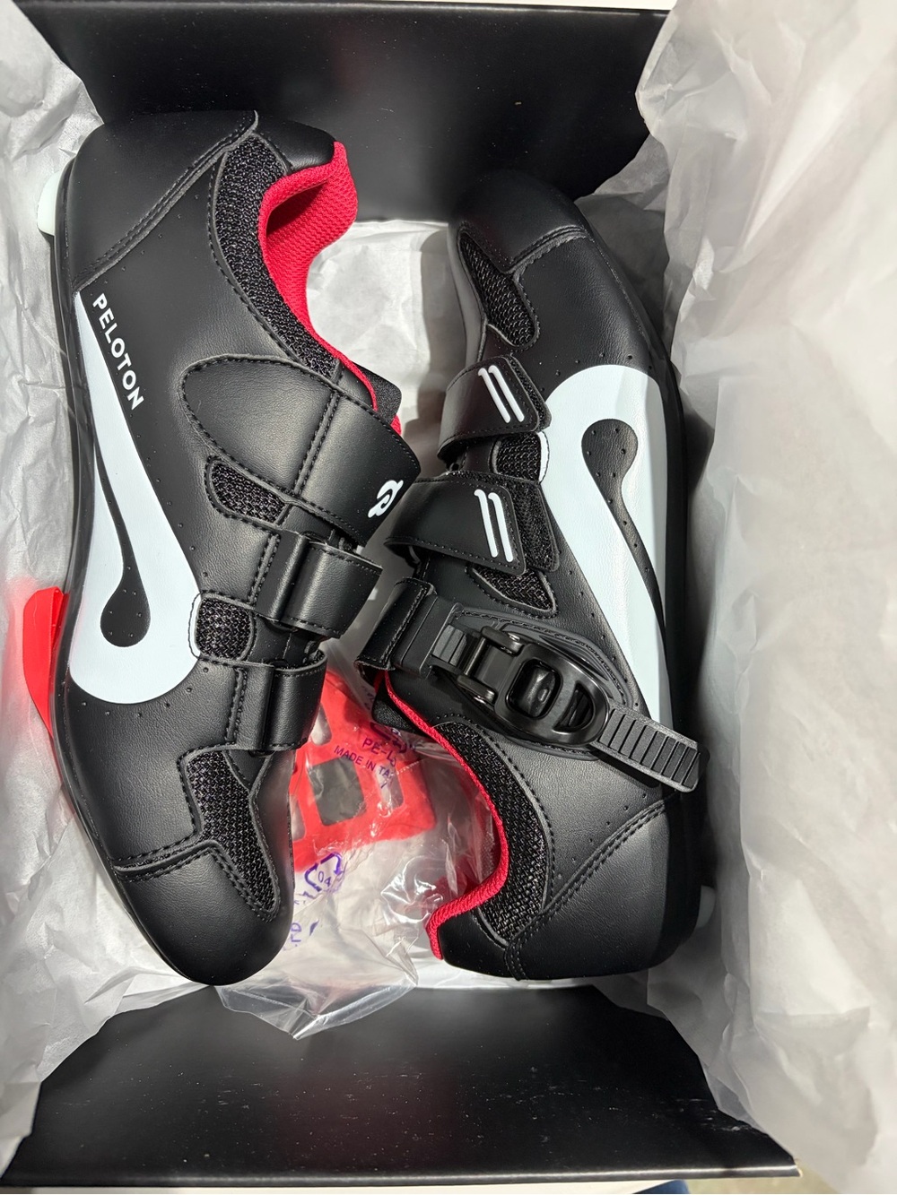 Peloton Men's Black Cycling Shoes with Red and White Accents
